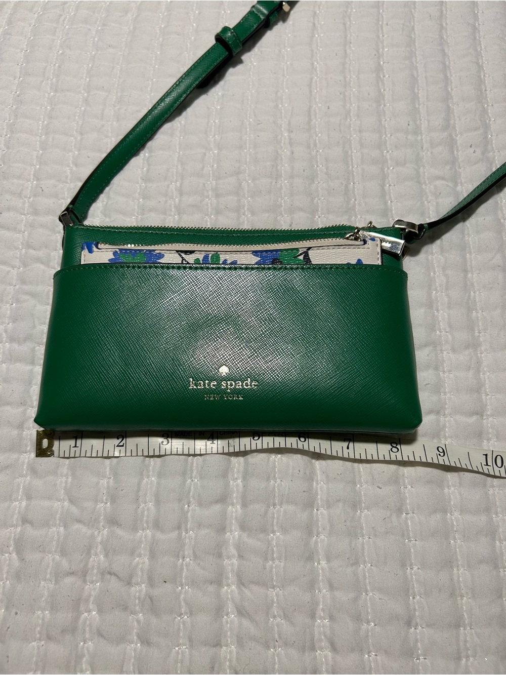 Kate Spade green leather crossbody with zipper floral coin pouch